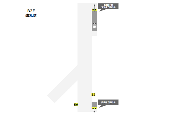 都営新宿線ー新宿3丁目駅の構内図（改札の位置）
