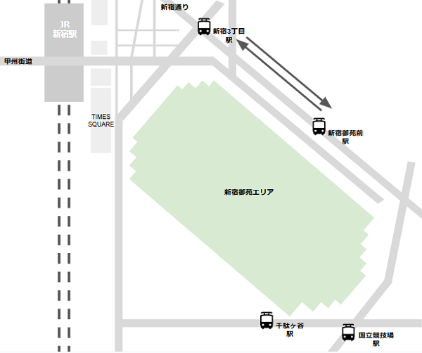 新宿3丁目から新宿御苑前駅の位置関係マップ