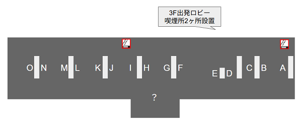 羽田空港第3ターミナルの3F出発ロビー階の喫煙所の設置場所