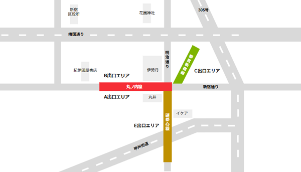 新宿3丁目駅周辺の出口エリア(A、B、C、Eエリア)