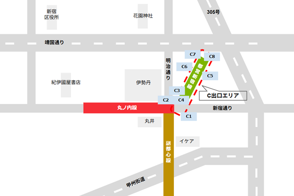 新宿3丁目駅、C出口エリア