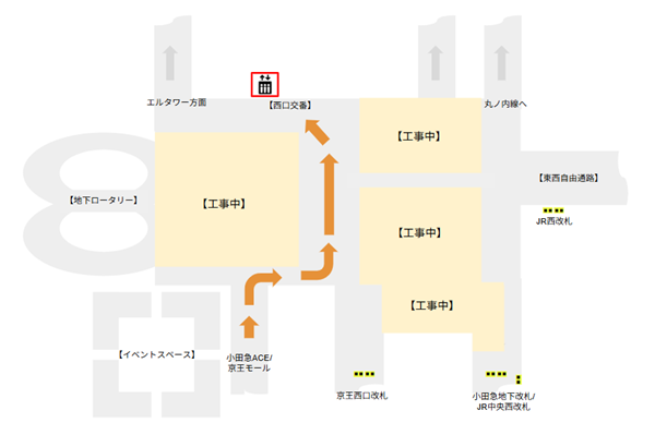 京王新線(京王モール方面)から西口交番へ向かう