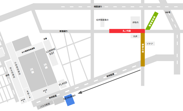 新宿3丁目エリアからNewoman方面へのマップ