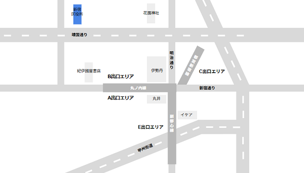新宿3丁目、新宿区役所の位置関係マップ