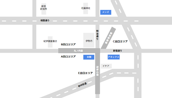 新宿3丁目駅周辺のマルイ各店舗の位置関係マップ